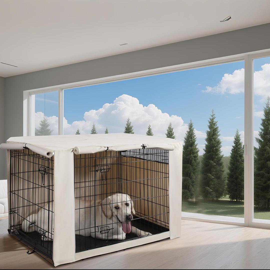 HiCaptain Breathable Dog Crate Cover 36 Inch, Durable Heavy Duty Kennel Cover, Dual Zippered Panels, Windproof Waterproof UV-Resistant(Beige)