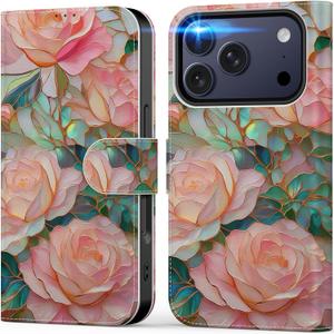 DEENAKIN for iPhone 17 Pro Wallet Case with Card Holder + Cash Clip, RFID-Blocking, Military-Grade Drop Protection & UV-Printed Artwork, Magnetic Closure with Leather Stand - Blooming Pink Rose