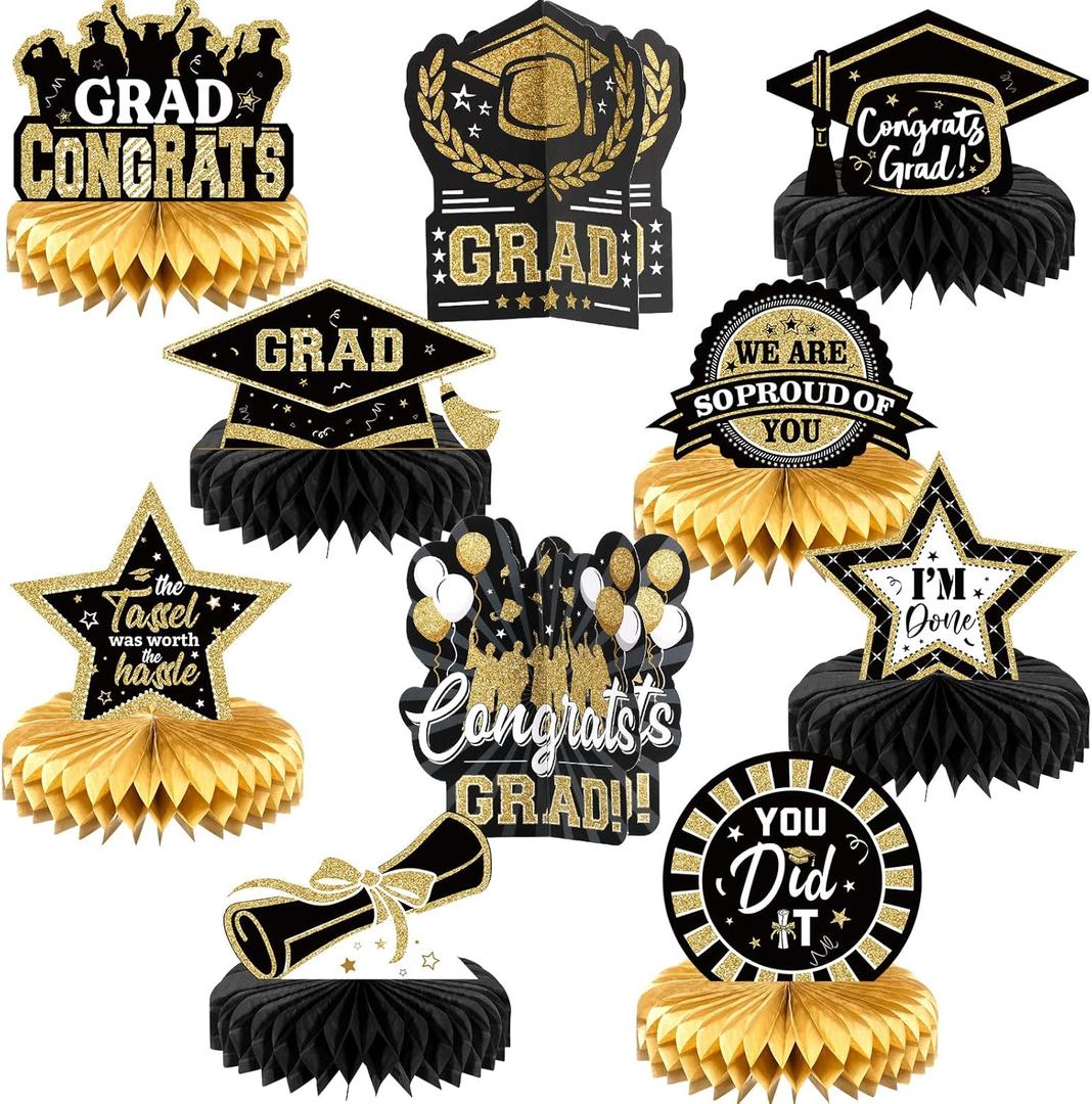 Yisong 10 Pcs Graduation Party Decorations Class of 2025 Congrats Grad Honeycomb Centerpieces Congratulate Graduation Table Toppers for Party Supplies(Gold, Black)