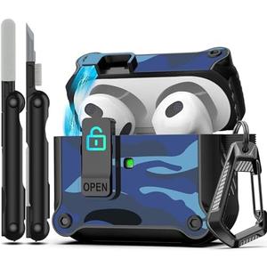 RFUNGUANGO for Airpods 3rd Generation Case with Secure Lock Clip, Full Body Shockproof Hard Shell Protective, AirPods 3 Case for with Apple AirPod 3rd Gen 2021 [Front LED Visible] -Blue Camouflage