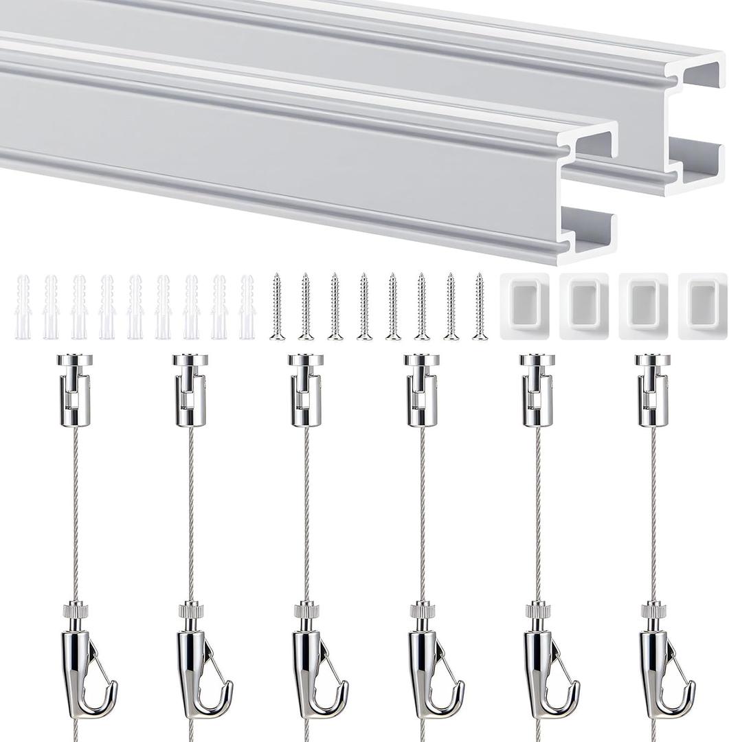 2 Set 56" Picture Rail Hanging System Including 2 Pcs 56" Aluminum Rails, 6 Steel Cables, 6 Hooks, 4 End Caps and Installation Hardware for Large Picture Poster Gallery Museum Home