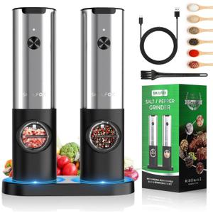 USB Rechargeable Electric Salt and Pepper Grinder Set - White Light, One Hand Operation, Adjustable Coarseness, Refillable - By SoulFox (2.5*2*8.5inch, Stainless Steel)