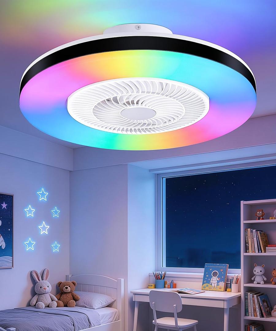 2-in-1 Low Profile Ceiling Fan with Light, 20 Caged Safety Design for Kids - RGB, CCT, Smart APP/Remote Control, Quiet Flush Mount DC Motor, Ideal for Bedroom/Living Room/Kitchen, Black&White