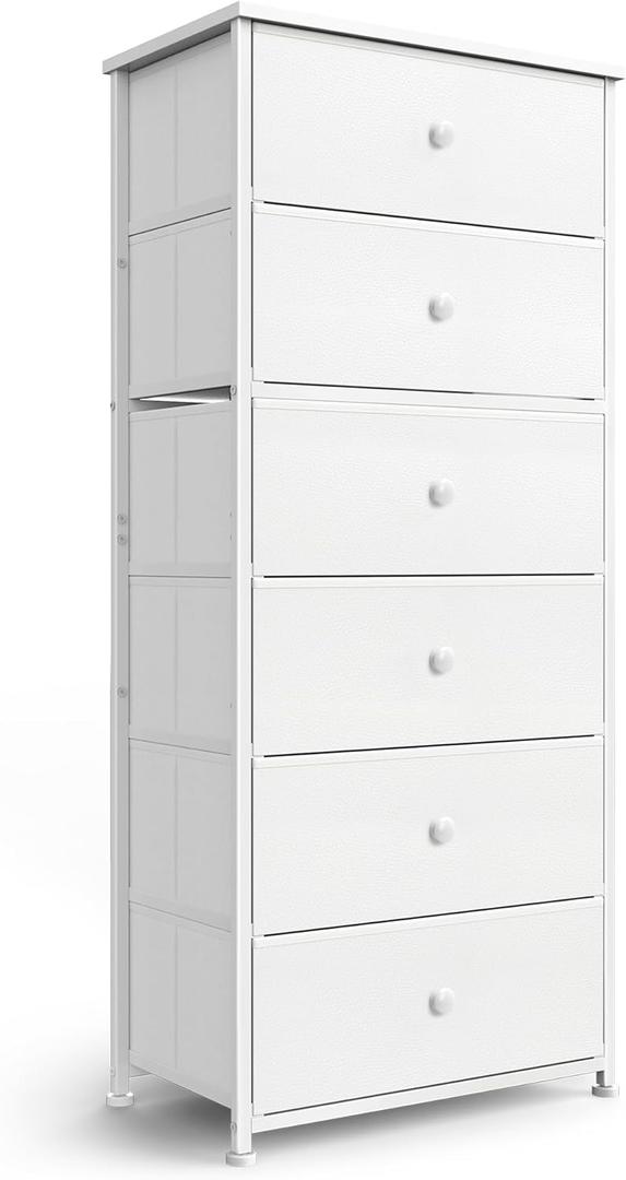 Tall Fabric Dresser for Bedroom, Vertical Storage Organizer Tower with 6 Drawers, Chest of Drawers with Bins, Steel Frame, Wood Top for Bedroom, Closet, Entryway White