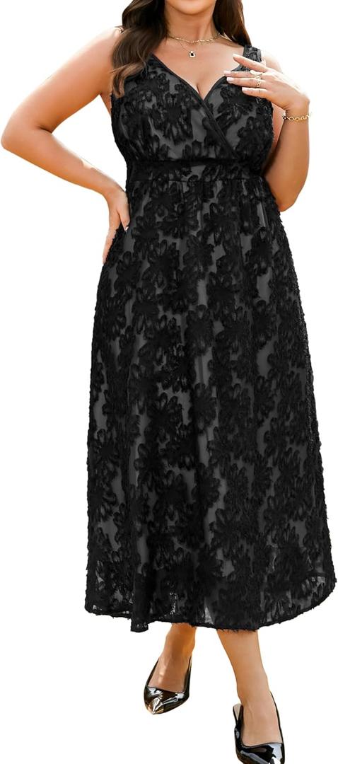 RWJ Women's Plus Size Wedding Guest Dress 2026 Floral Lace Wrap V Neck Sleeveless Formal Cocktail Party Maxi Dresses (Black, XXL)