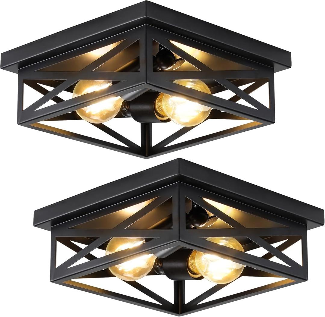 2Pack Vintage Farmhouse Flush Mount Ceiling Light Fixtures, 2-Light Hallway Kitchen Ceiling Light, Industrial Farmhouse Light Fixtures Ceiling Mount for Bedroom (2 Pack(9.8 in), Black)