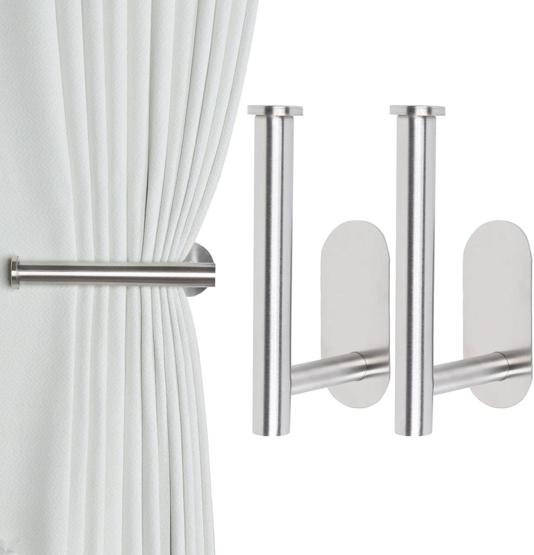 Groleca 2 Pack Adhesive Curtain Holdbacks - No Drill Curtain Tie Backs & Pull Backs (2, Silver)