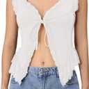 Milumia Women's Lace Trim Open Tie Front Tops Y2k Sleeveless Deep V Neck Going Out Tops (X-Large, All White)