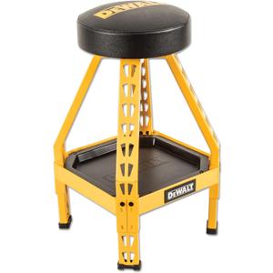 DEWALT Heavy-Duty Metal Stool for Garage and Shop, 360 Swivel Seat, Storage Tray, Padded Rip-Resistant Seat, Steel Frame, Industrial Powder Coating