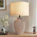 Ceramic Farmhouse Table Lamp for Living Room and Bedroom - Modern Earth Yellow Pottery Beside Lamps for Small Nightstand and Large Side Table - Rustic Round Stone Lighting Single with Beige Shade