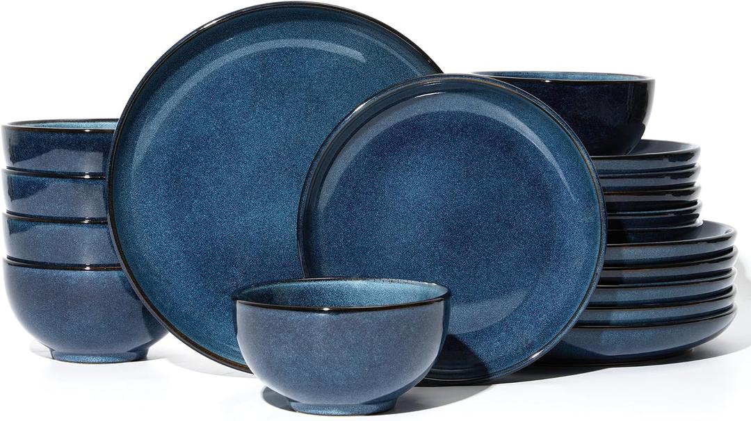 Pokini Stoneware Dinnerware Sets for 6, 18pcs Plates and Bowls Sets Dishes | Reactive Glaze Ceramic Dish Set, Microwave & Dishwasher Safe, Highly Chip and Crack Resistant Dishware sets, Starry Blue