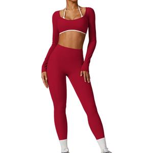 Workout Sets for Women 2 Piece Outfits Seamless High Waist Leggings Yoga Long Sleeve Crop Tops Athletic Gym Sets (Medium, Red)