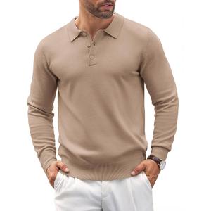 COOFANDY Mens Knit Polo Shirts Casual Long Sleeve Classic Polo Shirts Button Down Golf Shirts (Brown, L)