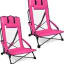 SPORT BEATS Low Beach Chairs Set of 2 Folding Beach Chairs High Back Support with Head Pillows Shoulder Straps (Pink)