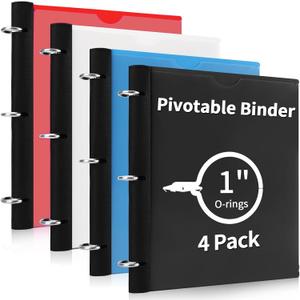 360 Degree Pivotable Binder, Upgraded 3 Ring Binder 1 inch 4 Pack, Flexible Binders 3 Ring, Foldable Three Ring Binders- Black, White, Blue, Red