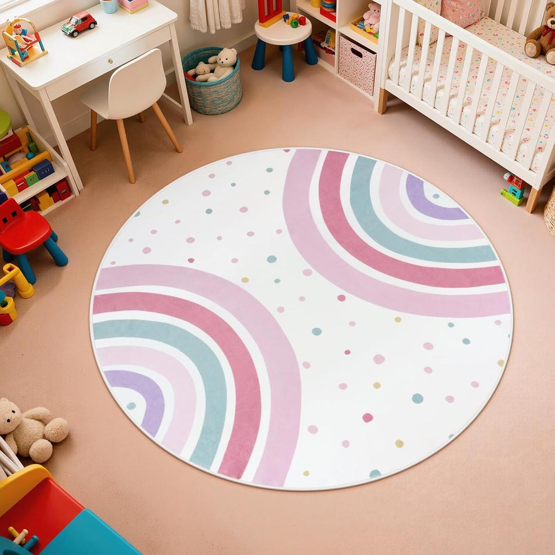 STARUIA Pink Round Rug for Girls, 5 Ft Rainbow Kids Rug for Nursery, Colorful Washable Rugs for Bedroom, Non-Slip Circle Time Rugs Soft Polka Carpet for Kids Room Princess Castle