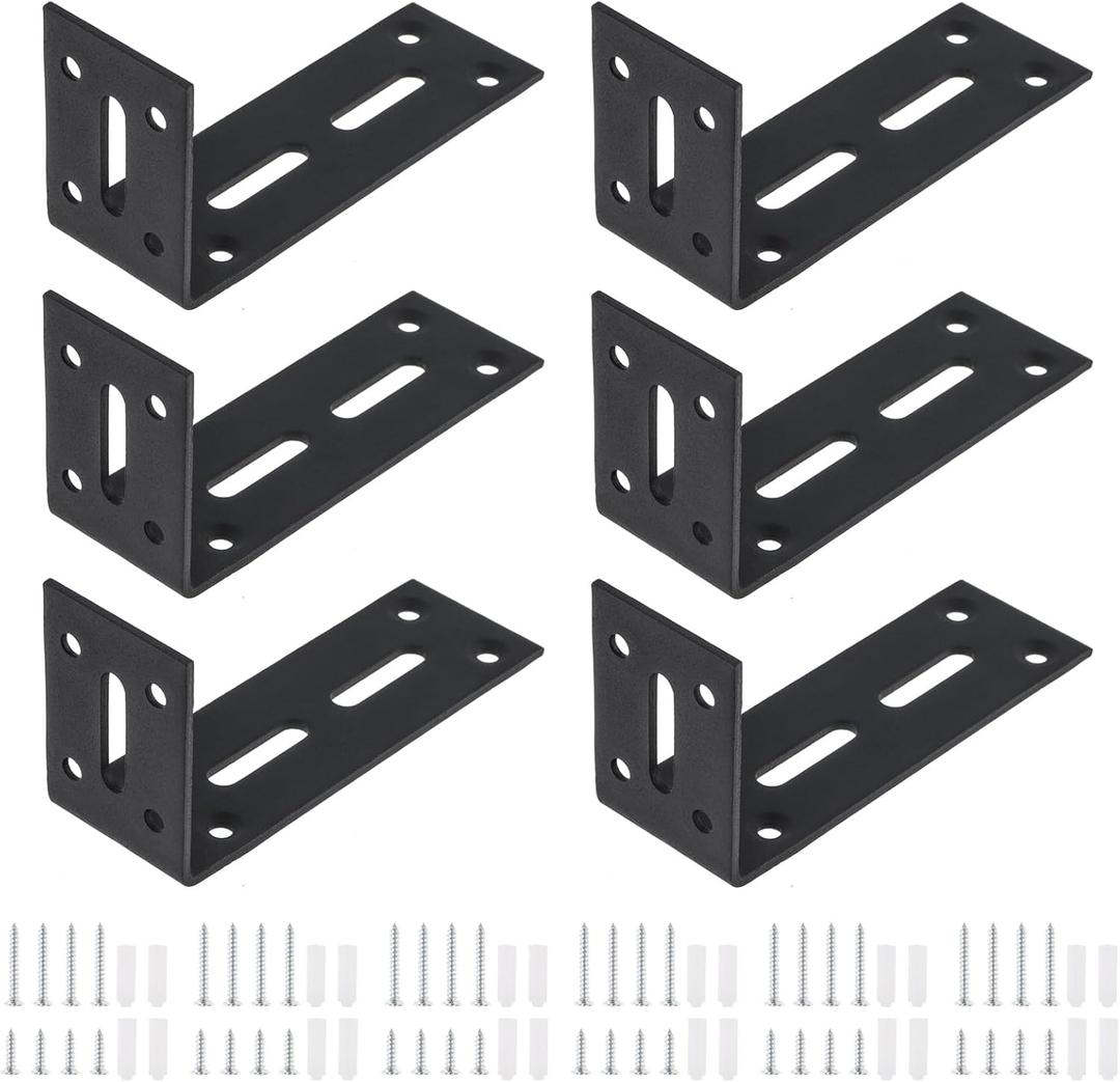 6pcs Adjustable Slotted L Brackets, 4-5/7" x 2-1/3" Black L Shaped Bracket with 3 Slots Holes, 90 Degree Joint Right Angle Corner Brace for Fixing Wood Furniture (4-5/7" x 2-1/3")