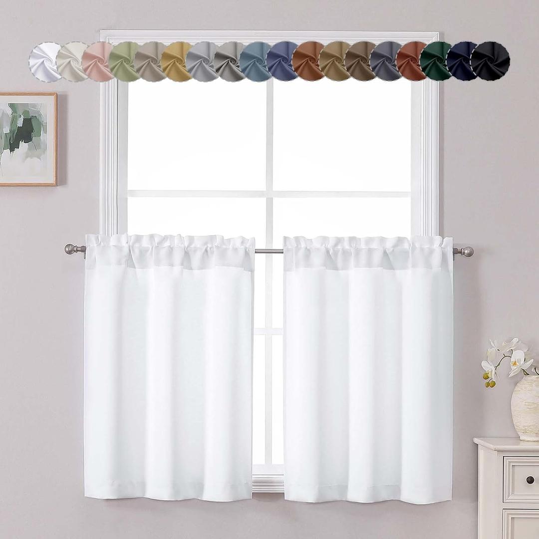 Chyhomenyc Light Filtering Short Curtains 30 Inch Length, Small Kitchen Window Curtains over Sink, Half Window Cafe Curtain Tier for Bathroom Basement Cabinet Camper, 2 PCS, Each 30"Wx30"L, Pure White