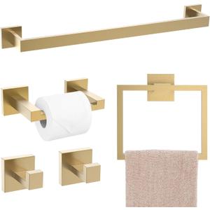 TQKAG Brushed Gold Bathroom Hardware Accessories Set 5 Pieces, Double Post Pivoting Toilet Paper Holder Set Stainless Steel Square Bathroom Towel Bar Holder Set Wall Mounted