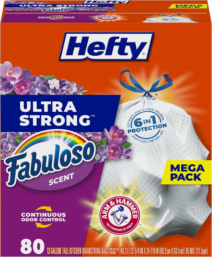 Hefty Ultra Strong 13 Gallon Trash Bags, Tall Kitchen Trash Bags 13 Gallon Size, Resist Leaks, Punctures, and Rips, Continuous Odor Control, White, Fabuloso Scent, 80 Bags