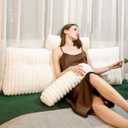 Luxury Faux Fur Headboard Pillow Queen Size - Large Triangular Wedge Cushion for Bed & Sofa, Fluffy Reading Backrest Bolster with Detachable Neck Roll, Washable Cover & Side Pocket, Ivory (Queen:59x8x20 Inches, White Beige 1)