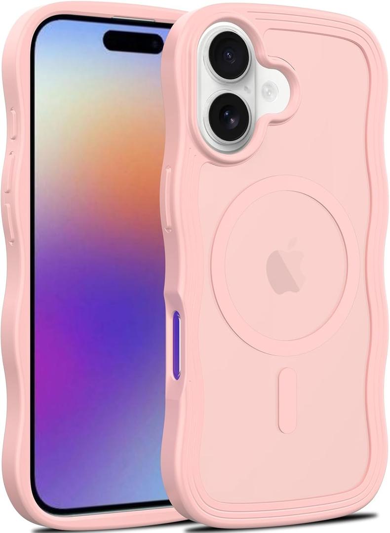 Magnetic for iPhone 17 Case, (Compatible with Magsafe) Curly Wavy Frame Hard Translucent Matte Clear Back Cover for Women Men TPU Bumper Shockproof Phone Case (Pink)