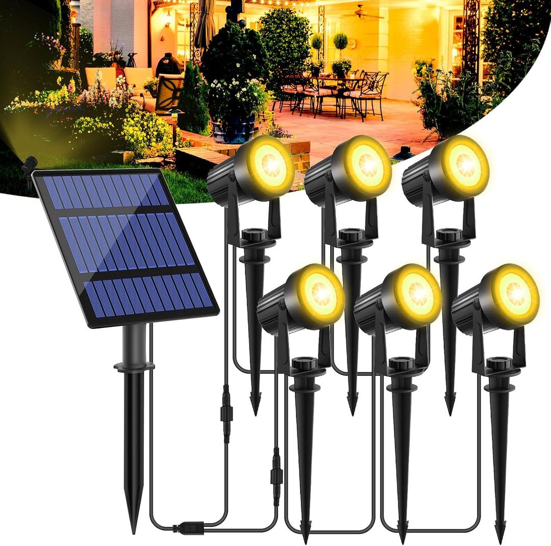 T-SUNUS Solar Spot Lights Christmas 6-in-1 Outdoor Warm White 3000K Landscape Spotlight IP65 Waterproof Separated Panel Spotlights with 9.8ft Cable Auto On/Off for Tree Lawn Driveway Pathway Halloween (Yellow)