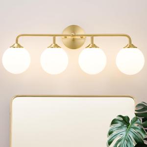 Modern Brushed Brass Bathroom Light Fixtures, Elegant Gold 4-Lights Vanity Light Fixtures, Milky White Globe Glass Shade Vanity Light over Mirror, Wall Sconces for Bathroom Dressing Table Bedroom