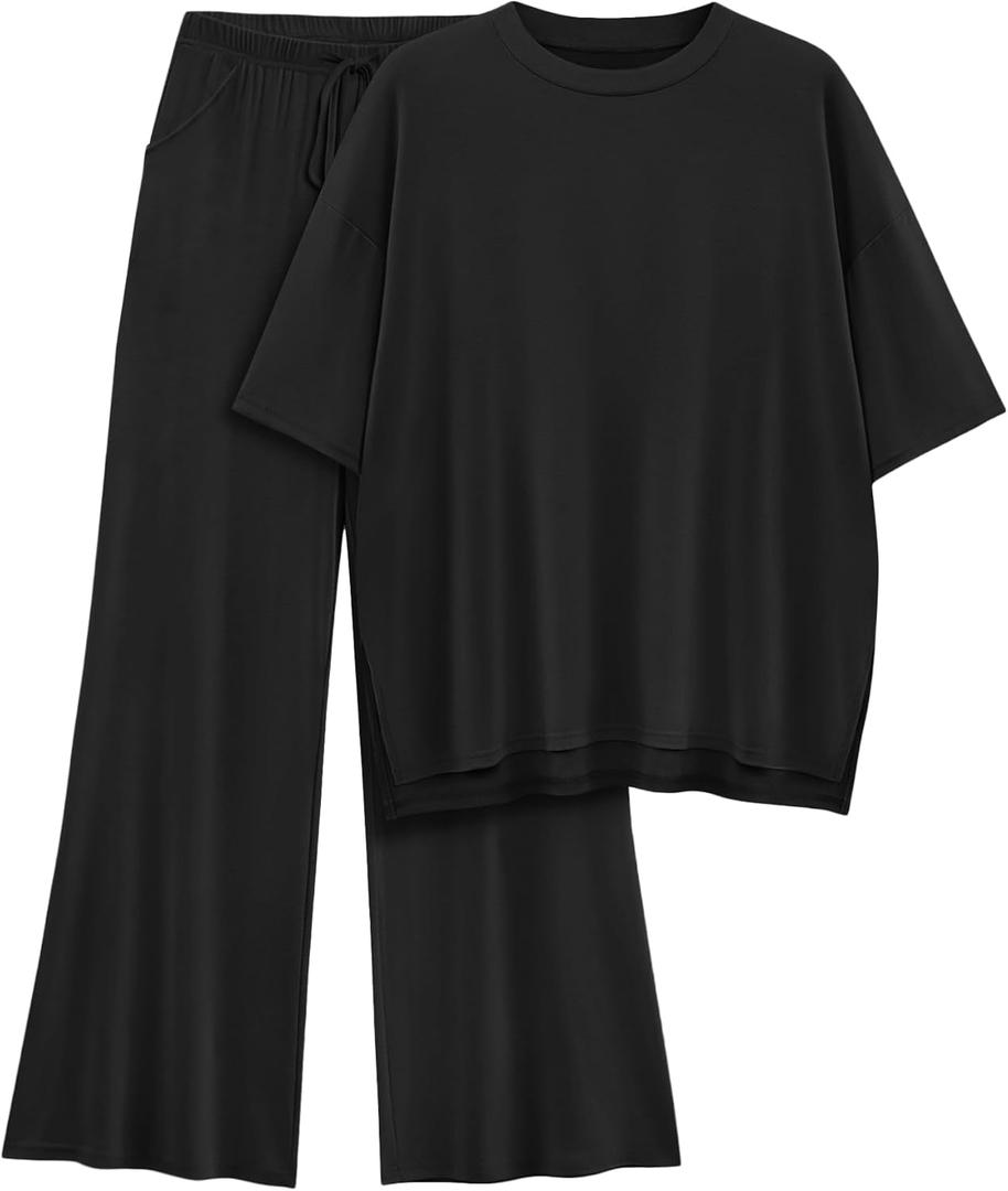 Womens Lounge Set 2026 Summer 2 Piece Outfits Oversized Short Sleeve Tops & Wide Leg Pant Matching Sets Clothing (Large, Black)