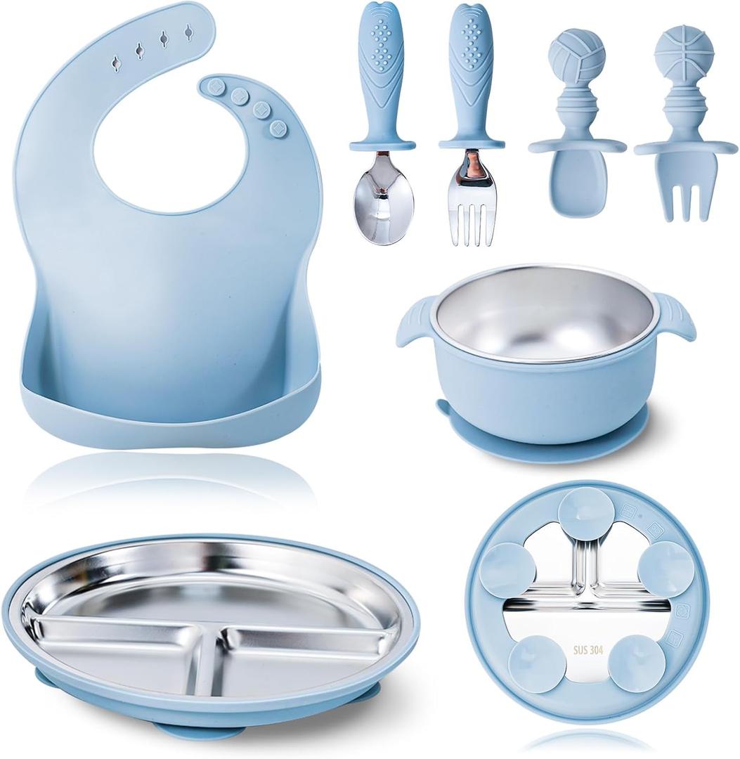 7 Pieces 304 Stainless Steel Baby & Toddler Feeding Set - Suction Divided Plates, Bowls, Silicone & Stainless Spoon Fork, Pocket Bib Unbreakable, Dishwasher Safe Kids Dinnerware Essentials (Blue)