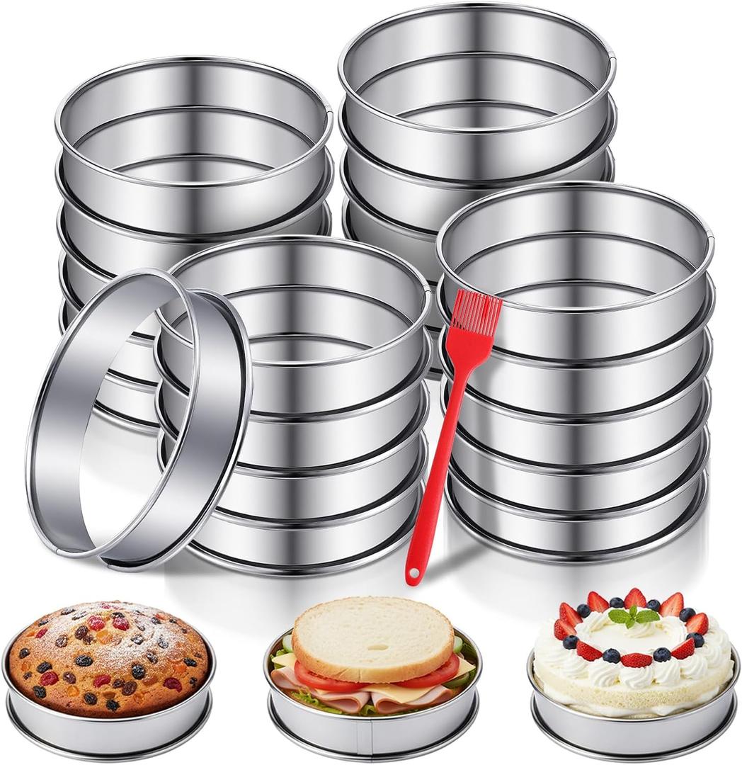 20PCS 4 Inch English Muffin Rings, Stainless Steel Crumpet Rings with 1PC Brush, Double Rolled Tart Ring, Nonstick Round Metal Cooking Pastry Baking Ring for Fried Eggs Pancakes Muffins