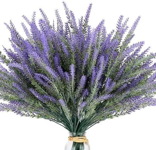 12 Bundles Artificial Lavender Outdoor Flowers Fake Plastic Purple Flower Outside UV Resistant for Home Kitchen Wedding Indoor Outdoor Decor