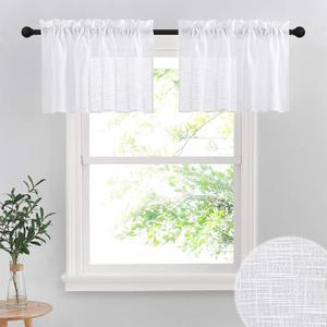 RYB HOME Linen Textured White Curtains Sheer Window Toppers Valances Semi-Sheer Drapes for Kitchen Bedroom Small Window Decor Cafe Curtains, Wide 52 x Long 18 inch per Panel, 1 Pair