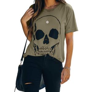 Veatzaer Womens Short Sleeve Crewneck Skull Print Distressed T Shirt Casual Loose Tee Summer Tops Green S
