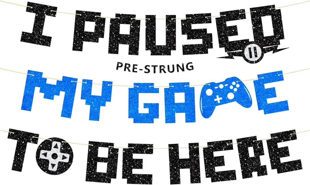 Pre-Strung Video Game Birthday Decorations, NO DIY I Paused My Game To Be Here Banner, Glitter Gaming Birthday Banner Gamer Theme Party Supplies