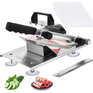 Manual Frozen Meat Slicer,Stainless Steel Meat Slicing Machine,Meat Cutter for Home and Commercial Use,Meat Cleavers Beef Mutton Roll,Adjustable Thickness,Includes Spare Cutter, 10 Bags