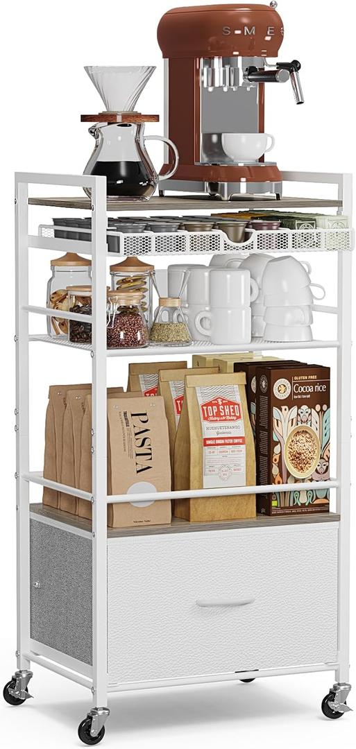 Coffee Bar Cabinet with Storage5 Tier Coffee Station Table on Wheels, 33.6" H Cart with Drawer for Home Kitchen, Liquor Buffet Sideboard Cabinet (Modern White)