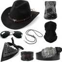 Western Cowboy Costume Outfit for Men Cowboy Hat Belt Neck Gaiter Face Cover Accessories for Halloween Party Cosplay (Black)