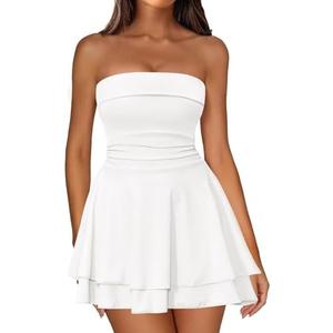 IWD Women's Sexy Tube Top Mini Dress Strapless Ruched Corset Waist Tiered Ruffle Hem Short Party Dresses, Size L, White