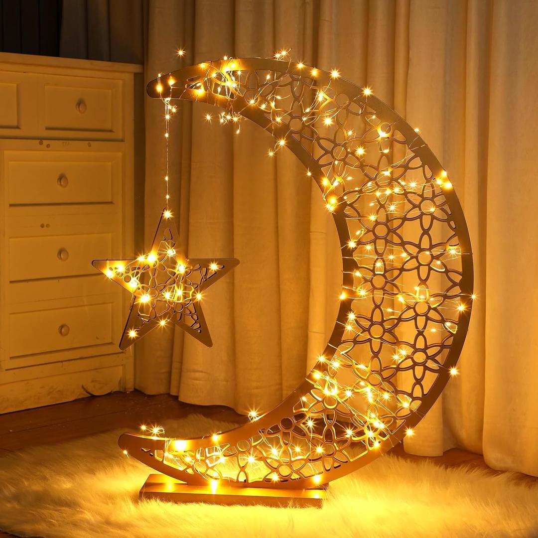 Eid Crafts Night Light Wooden Ramadan Star Crescent Mubarak Lamp Decor Glittery Moon Eid Decor with Battery Operated LED Eid Ornament Gift for Holiday Table Party(20 x 17 Inch)