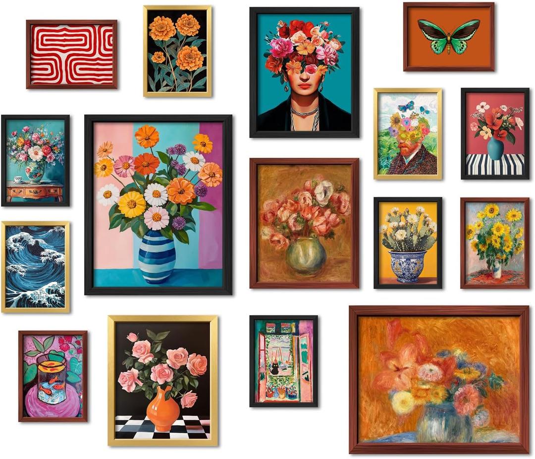 16 PCS Framed Eclectic Wall Art Decor, Mid Century Modern Maximalist Home Gallery Wall Frame Set Prints for Bedroom Bathroom, Colorful Posters for Living Room Aesthetic, Floral Artwork Collage Kit (12"x15" Framed, Maroon)