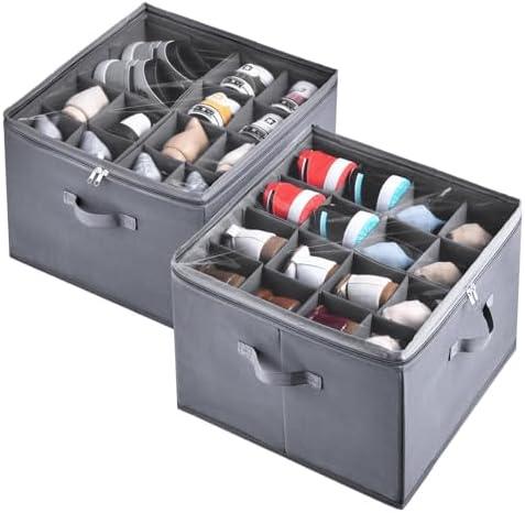 INSTY 2 Pack Shoe Organizer for Closet,Fits up to 32 Pairs,Adjustable Dividers for Shoe Storage,Fabric Shoe Storage Bins with Clear Cover,Grey