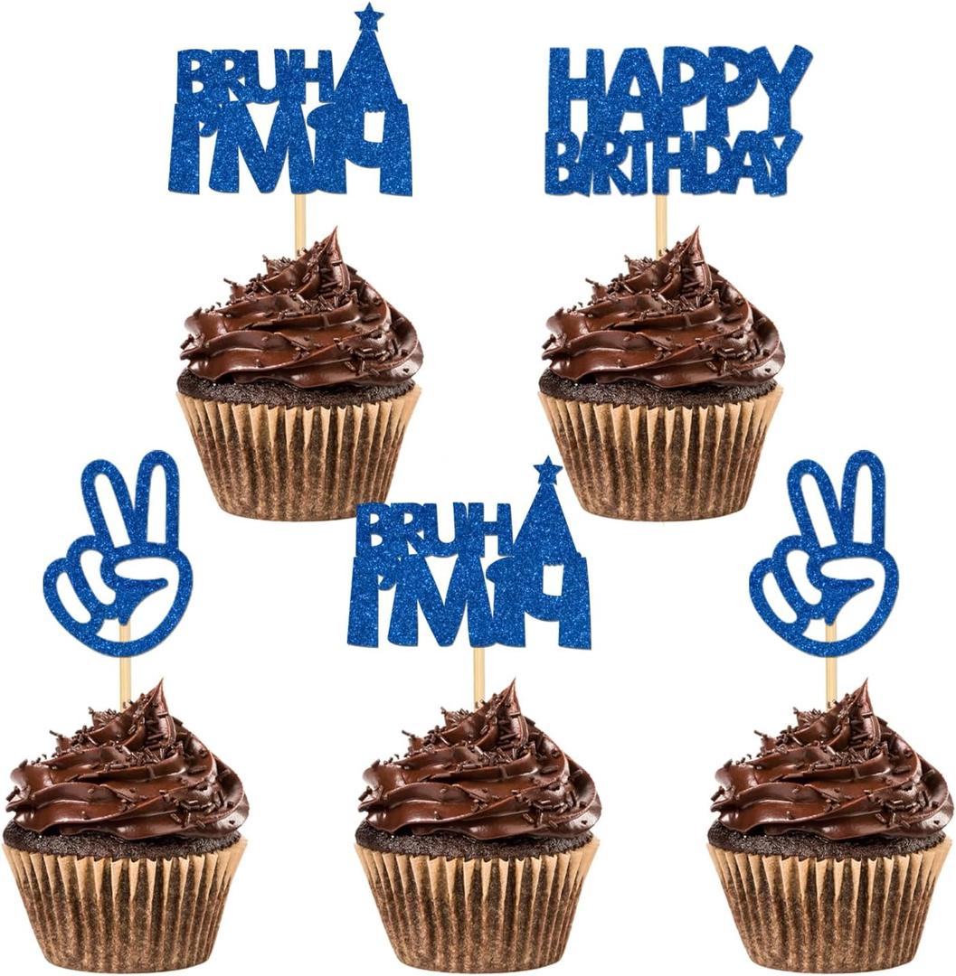 24Pcs Bruh I'm 14 Cupcake Toppers - Blue Glitter | Happy 14th Birthday, Cheers to 14 Years Cupcake Picks Decorations | Kids Boys Girls 14th Birthday Party Supplies