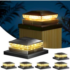 Solar Post Cap Light 6 Packs, Waterproof Fence Post Solar Lights, 4x4 IP65 Black Outdoor Light for Deck Garden & Patio Lights for 3.5x3.5,4x4,5x5 Wood & Vinyl Posts Warm White Lighting