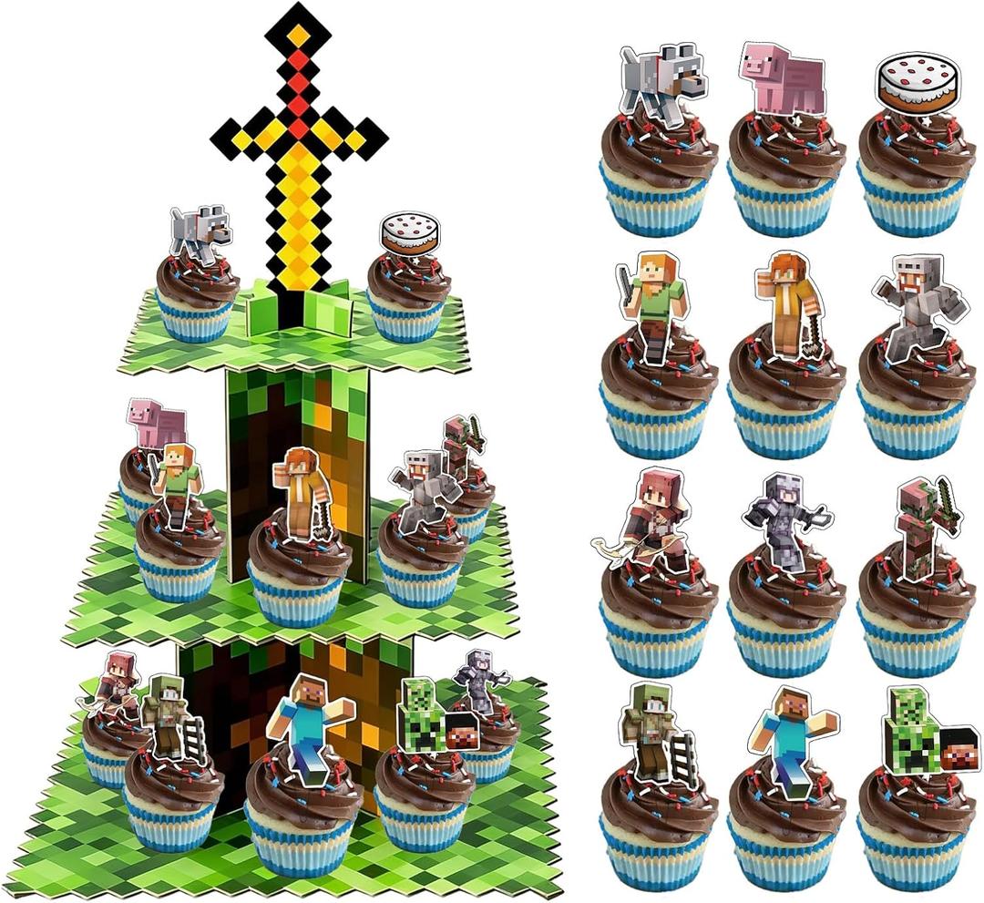 Pixel Cupcake Stand with 24 Pcs Cupcake Toppers, 3-Tier Dessert and Cupcake Holder for Gamer Birthday Party Supplies, Pixel Theme Birthday Decorations.