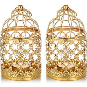 2 Pcs Small Metal Tealight Hanging Birdcage Lantern, Vintage Decorative Centerpieces of Wedding, Party, Gold