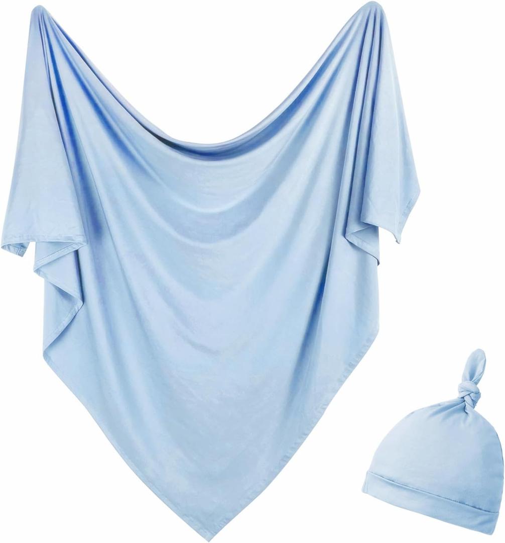 Newborn Swaddle Blanket with Hat Set Baby Swaddle Set Hospital Receiving Blankets for Girls Boys(Babyblue) (35"*35")