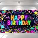 Mocsicka Neon Birthday Backdrop Banner Glow in The Dark Neon Birthday Party Decorations Glow Graffiti Splatter Photography Background Glow Crazy Photo Booth Props