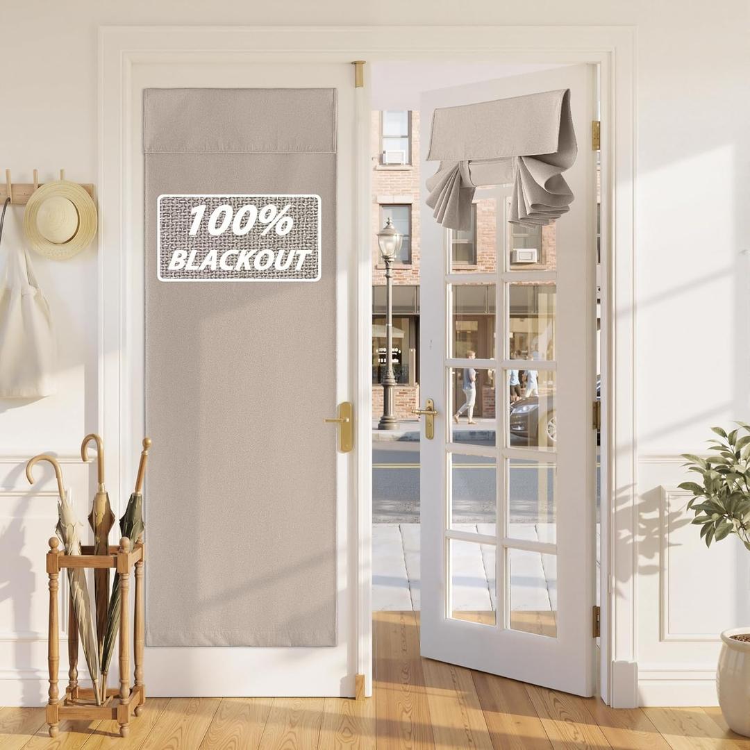 RYB HOME 100% Blackout Linen French Door Curtain - Home Decor No Drill Door Curtain for Front Window, Thermal Insulated Privacy Blinds with 2 Adhesive Tapes, W 30 x L 69, 1 Panel, Sand