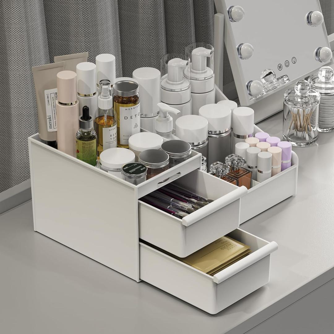 Makeup Organizer Countertop, Vanity Organizer with 2 Drawers for Cosmetics, Skincare, Brushes, Perfume, Skincare Organizer for Vanity, Perfume Organizer for Dresser, Bathroom (White)